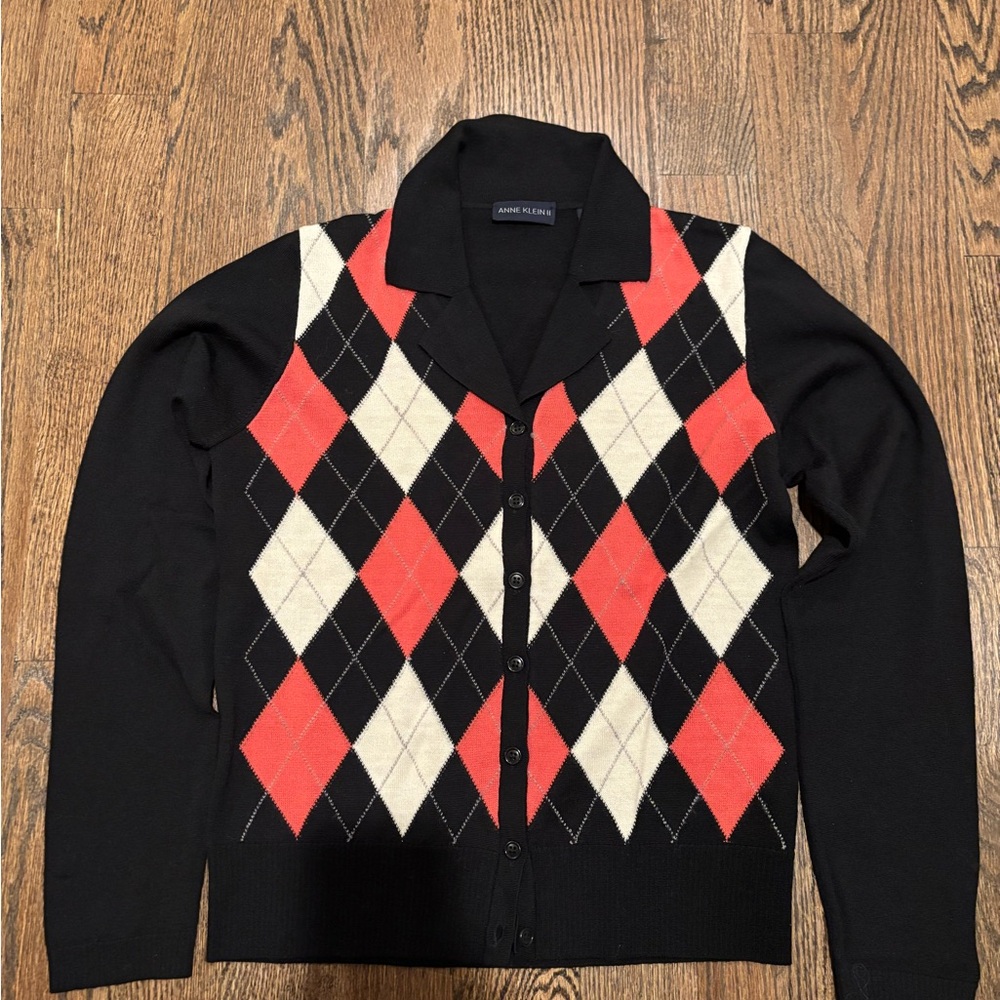 Vintage Women’s Anne Klein II Argyle Cardigan, 100% Wool, Size Medium